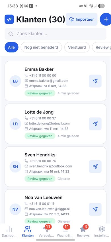 Klantenoverzicht waarin afspraken worden herkend voor automatische Google reviewverzoeken