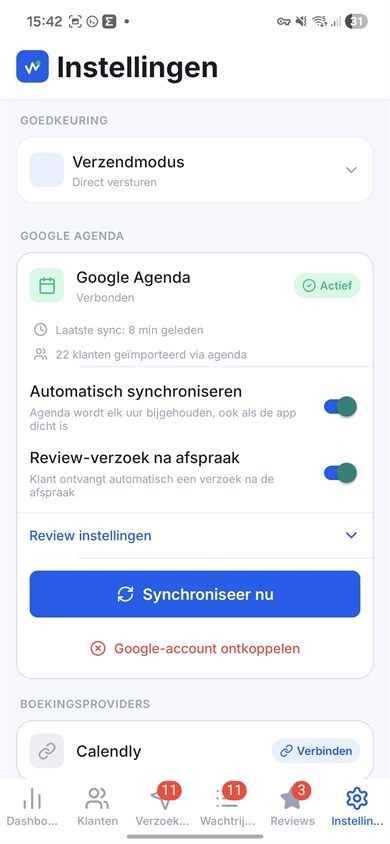 Instellingenscherm om Google Calendar te koppelen aan Meer Reviews