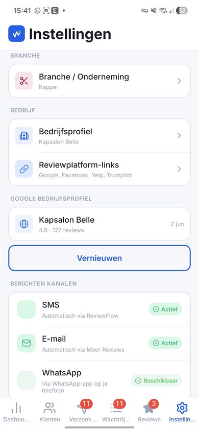 Instellingenscherm om reviewflow en kanalen zoals SMS, e-mail en WhatsApp Lite te kiezen