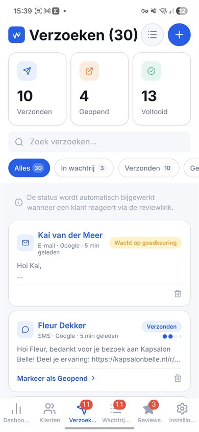 Reviewverzoek via SMS, e-mail of WhatsApp Lite om een Google review te verzamelen