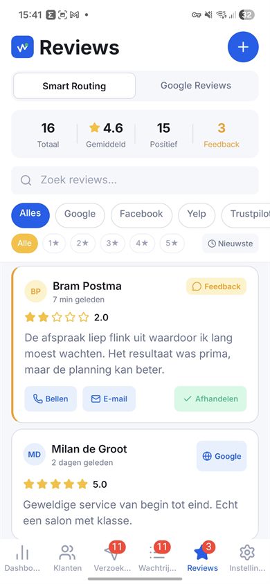 Dashboard met reviewresultaten en groei van Google reviews in Meer Reviews